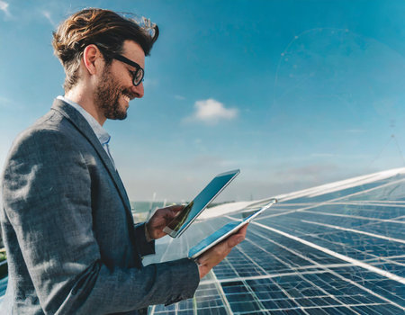 Portrait of a handsome businessman using a tablet computer while standing on the roof of a solar power plantの素材