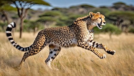 Cheetah (Acinonyx jubatus) running in the savannahの素材