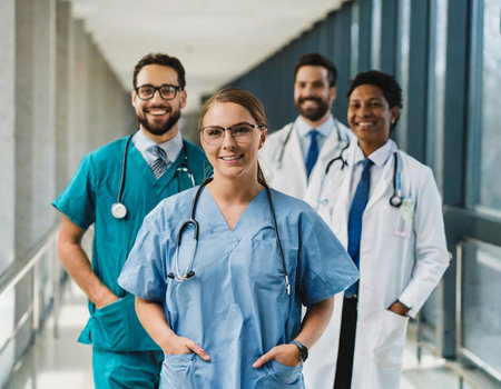 Portrait of a smiling female doctor standing with her colleagues in the backgroundの素材