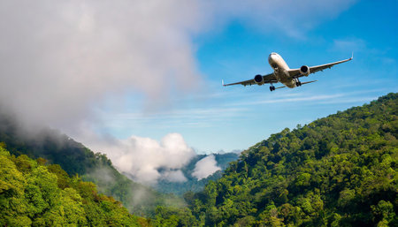 Airplane flying over the mountain with cloud and blue sky background.の素材