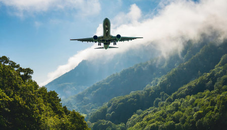 Airplane flying in the sky over the mountains. Travel background.の素材