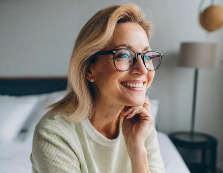 smiling senior woman in eyeglasses looking away while sitting on bed at homeの素材