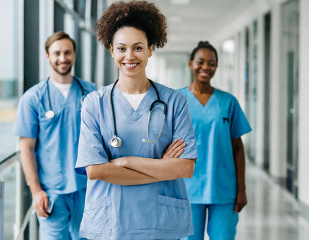 smiling african american nurse with stethoscope standing with colleagues in hospital corridorの素材