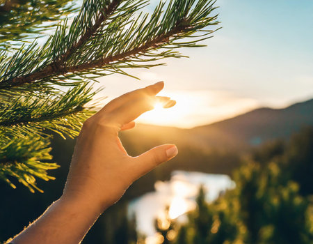 Female hands on the background of the mountains and the sun at sunsetの素材