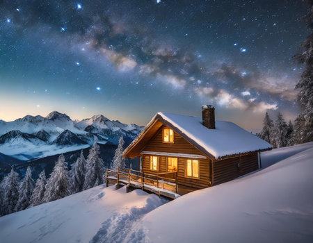 Beautiful winter landscape with wooden house in the mountains at night.の素材
