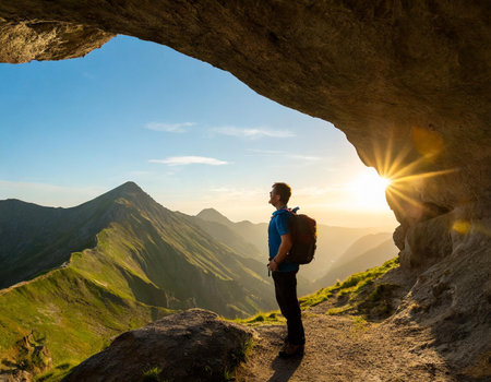 Hiker with backpack standing on the edge of a cave and looking at the sunsetの素材