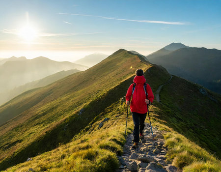 Hiker on the top of a mountain in the rays of the rising sunの素材
