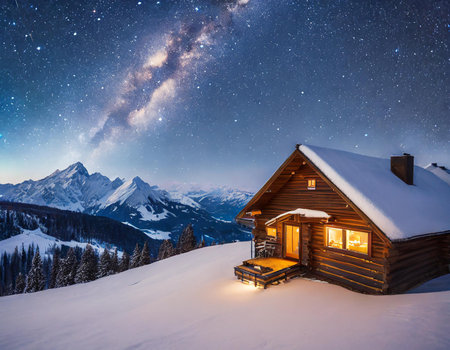Beautiful winter landscape with starry sky and chalet.の素材