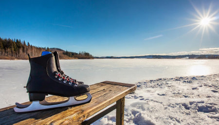 Figure skates on the frozen lake on a sunny winter day.の素材