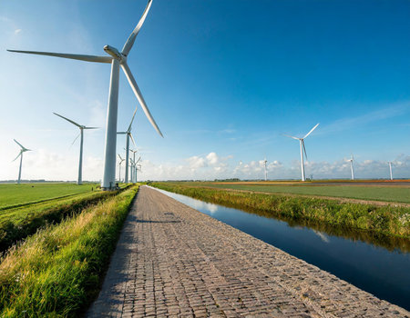 Windmills for electric power production along a canal in the Netherlandsの素材