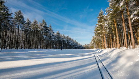 Snowy winter landscape with ski tracks and pine trees in the forestの素材