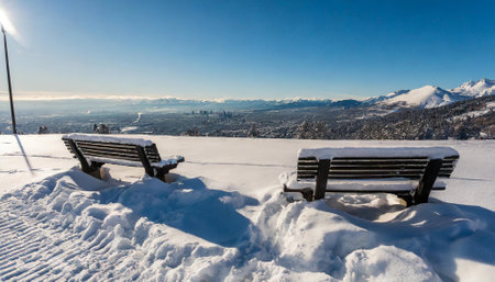 Bench in the snow with a view of the city of Grenobleの素材