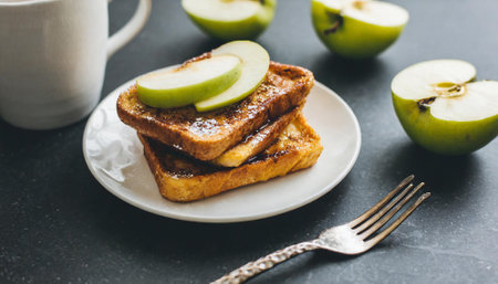 Healthy breakfast with toasted bread, apple and coffee on dark backgroundの素材