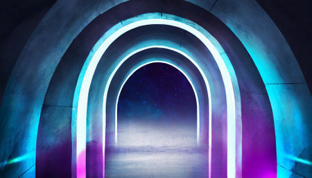 Futuristic corridor with neon lights, 3d rendering. Computer digital drawing.の素材