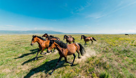 Horses run gallop in the steppe on a sunny dayの素材