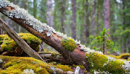 Fallen tree in the forest. Moss and lichen on the branches.の素材