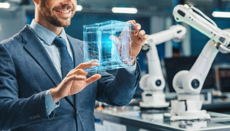 cropped image of smiling robotic engineer holding blueprint of house in handsの素材