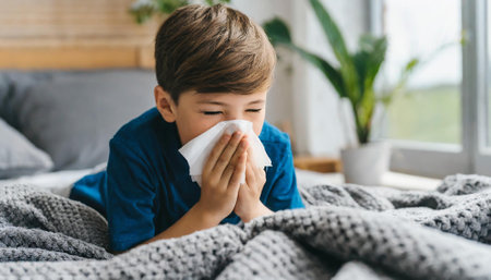sick boy sneezing in tissue while sitting on bed at homeの素材