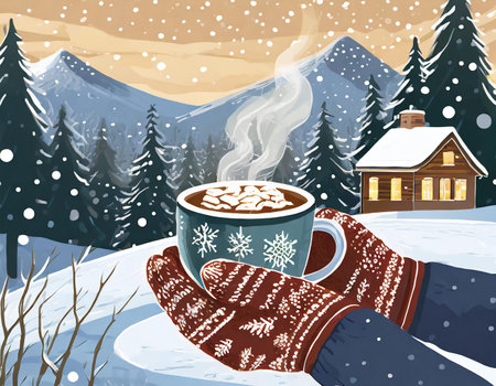 Vector illustration of a cup of hot cocoa in the hands of a girl in a knitted mittens on the background of a winter landscape.の素材