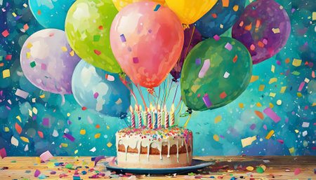 Birthday cake with candles and balloons on colorful background. 3d illustrationの素材