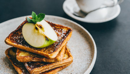 French toast with apple and honey - Healthy breakfast food style, selective focus pointの素材