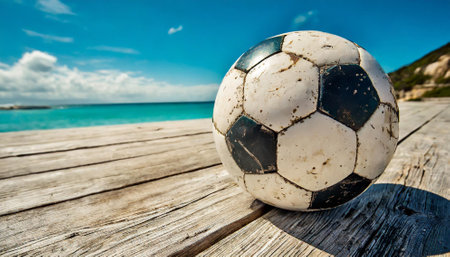Soccer ball on the wooden floor with blue sky and sea backgroundの素材