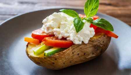 Baked potato with cottage cheese and vegetables on rustic wooden tableの素材