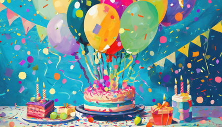 Birthday cake with candles, balloons and confetti on colorful backgroundの素材