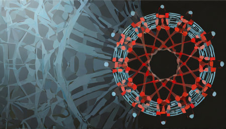 3d rendering of a dna structure with red and blue particlesの素材
