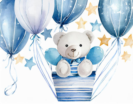 Watercolor teddy bear in a striped t-shirt on the background of balloons and starsの素材