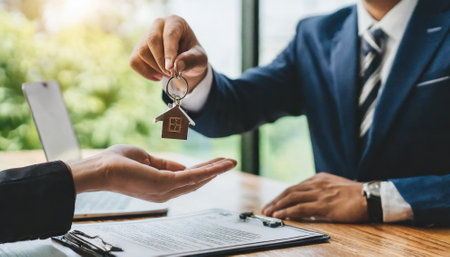 Real estate agent giving house key to customer after signing contract for buy or sell home.の素材