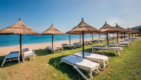 Sunbeds and umbrellas on a beautiful beach in Greeceの素材