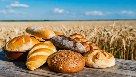 assortment of baked bread on wooden table with wheat field in backgroundの素材