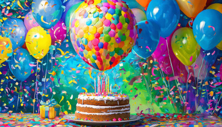 Birthday cake with colorful balloons, confetti and gift box on colorful backgroundの素材