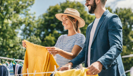 smiling woman in straw hat looking at clothes hanging on clotheslineの素材