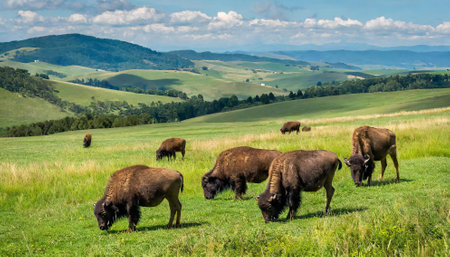Bison grazing in the grassland in the Carpathian mountainsの素材