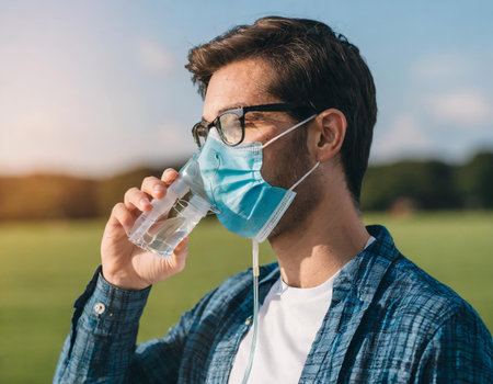 Young man in a medical mask and glasses drinks water from a bottle.の素材