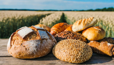 Different types of bread and buns on wooden table in wheat fieldの素材