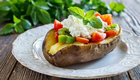 Baked potato with vegetables and feta cheese on a wooden tableの素材