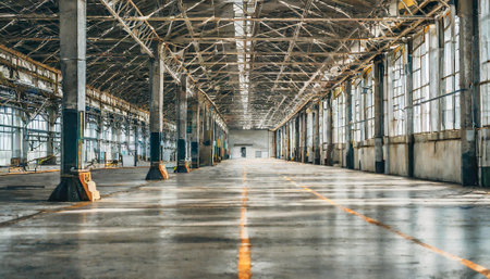 wide angle view of an old factory building with concrete floor and ceilingの素材