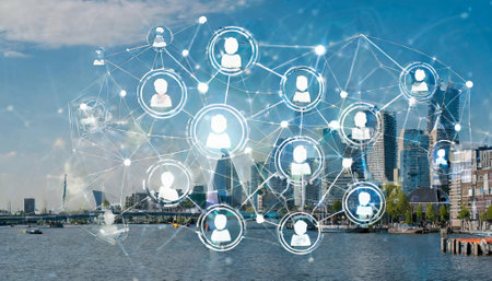 London cityscape with modern skyscrapers and social connection media conceptの素材