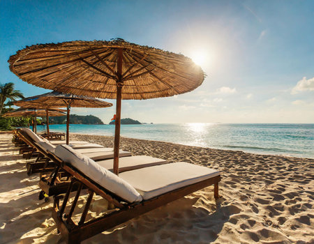 Umbrella and chair on beautiful tropical beach - Holiday Vacation conceptの素材