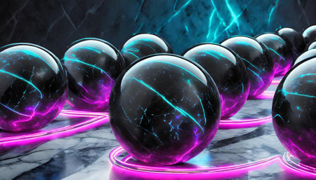Abstract 3d rendering of black balls with glowing linesle backgroundの素材