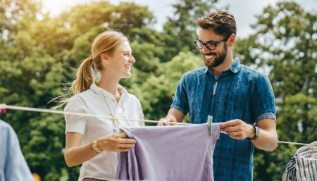 Young couple hanging clothes on clothesline in garden. Man and woman hanging clothes.の素材