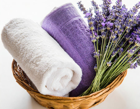 towels and lavender flowers in the basket on white backgroundの素材