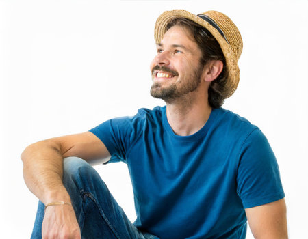 Handsome man with blue shirt and straw hat smiling on white backgroundの素材