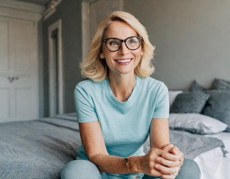 Smiling mature woman in eyeglasses sitting on bed at homeの素材