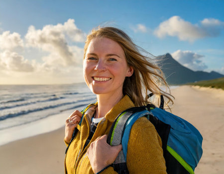 Portrait of happy young woman with backpack standing on beach at sunsetの素材