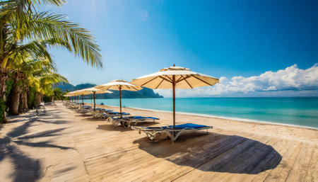 Beautiful tropical beach and sea with coconut palm tree - Holiday Vacation conceptの素材