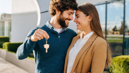 happy young couple holding keys to new house and looking at each otherの素材